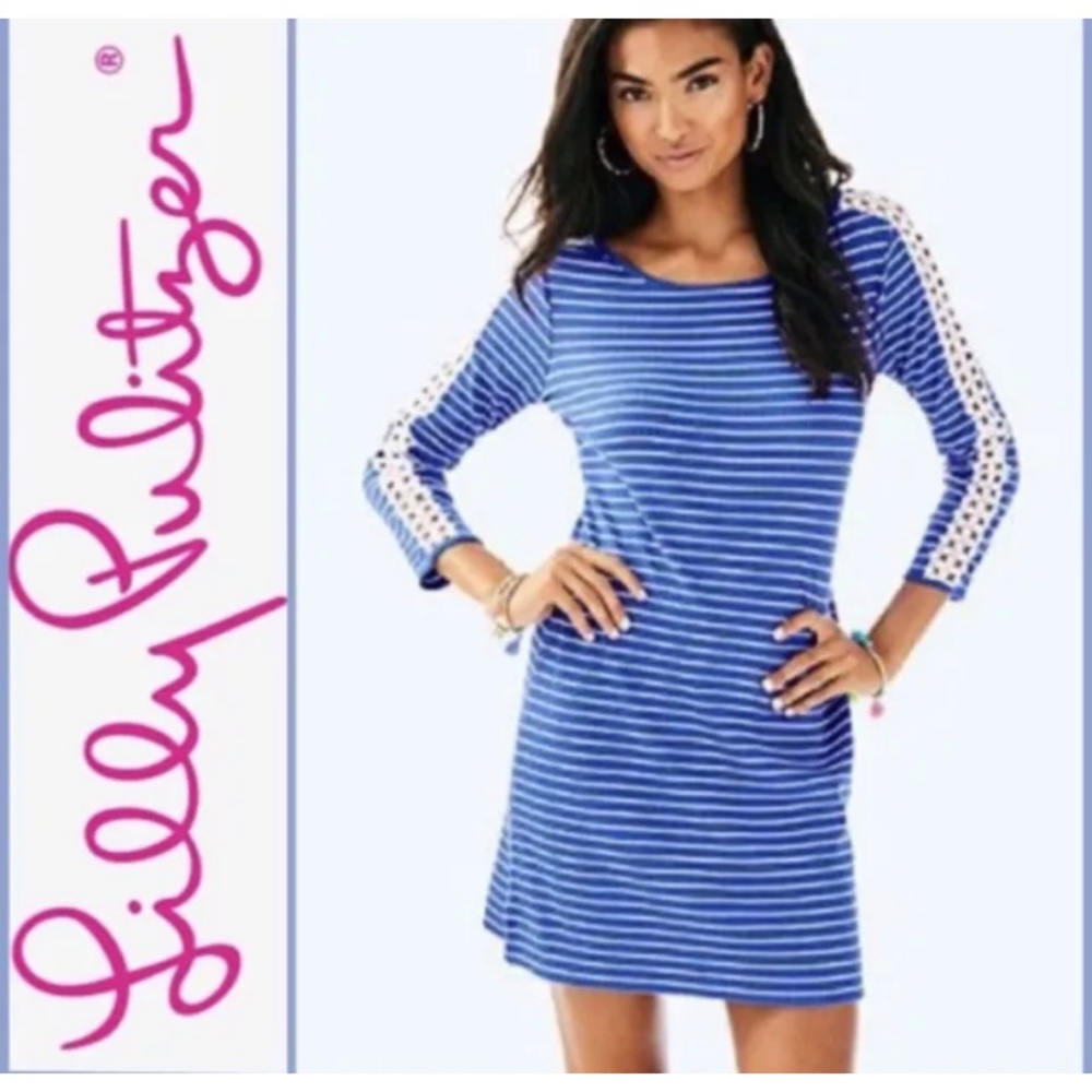 Lilly Pulitzer Marlowe Dress Beckon Blue Small White Breeze Stripe Lace sleeve